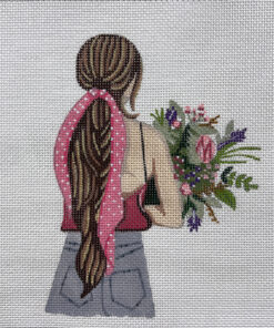Girl with Pink Ribbon and Bouquet